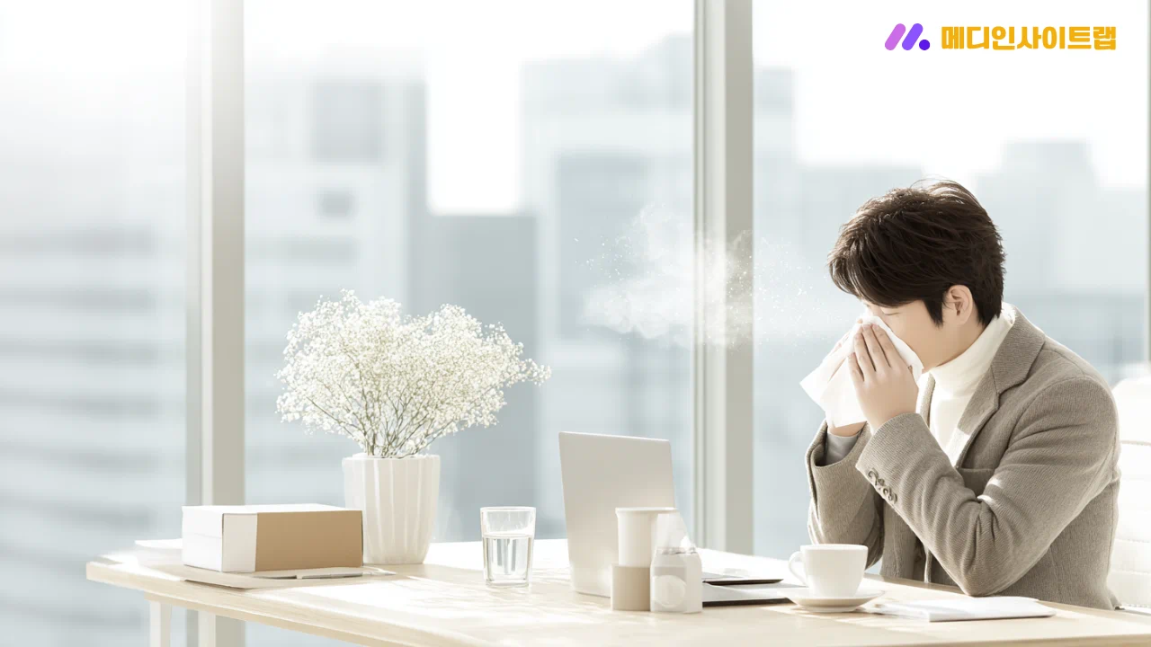 실내에서 업무 중이거나 공부 중인 30대 한국인 성인, 봄철 알레르기 비염으로 휴지와 물컵을 책상 위에 두고 있는 장면