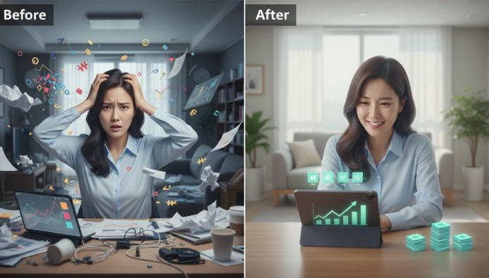 복잡한 연금저축, IRP, ISA 투자 계획을 체계적인 포트폴리오 전략으로 성공적으로 전환하는 한국인의 모습.