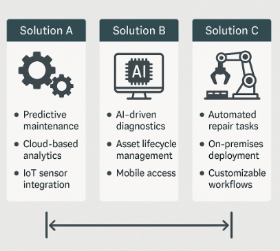 세 가지 유지보수 자동화 솔루션의 주요 기능을 비교한 인포그래픽, 각 솔루션이 기어, AI 칩, 로봇 암 아이콘으로 구분되어 있으며 예측 유지보수, AI 진단, 자동 수리 기능 등을 시각적으로 표현함