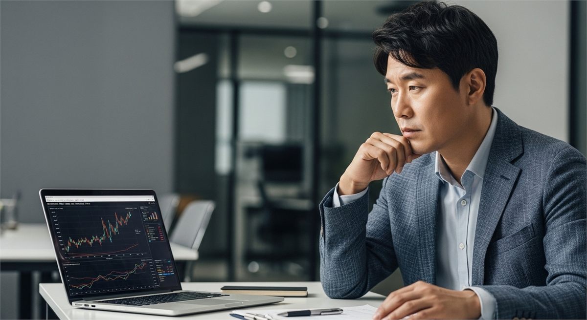 한국 사무실에서 조선업 흐름을 살펴보는 투자자의 모습