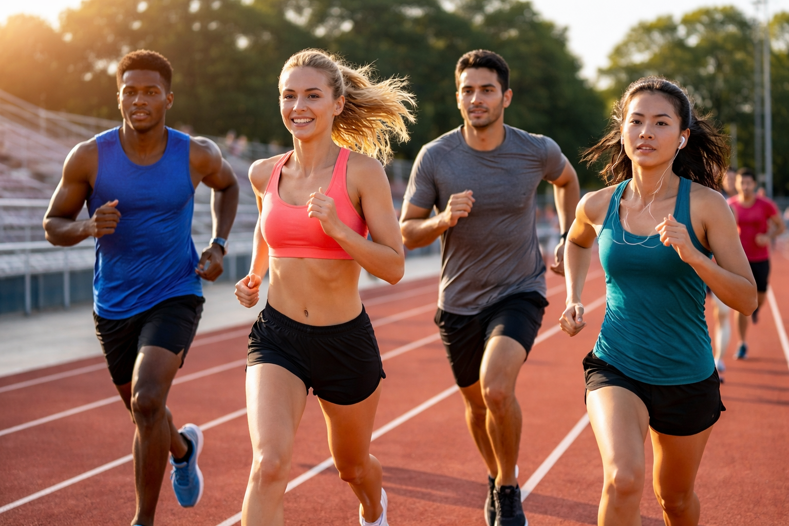 트랙에서 달리기하는 사람들