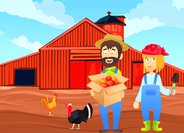 뒤에 붉은색 목조 창고가 있다. 앞에는 남자와 여자 일꾼이 서 있다. 남자는 박스 가득 사과를 들고있고, 여자는 모종삽을 들었다.