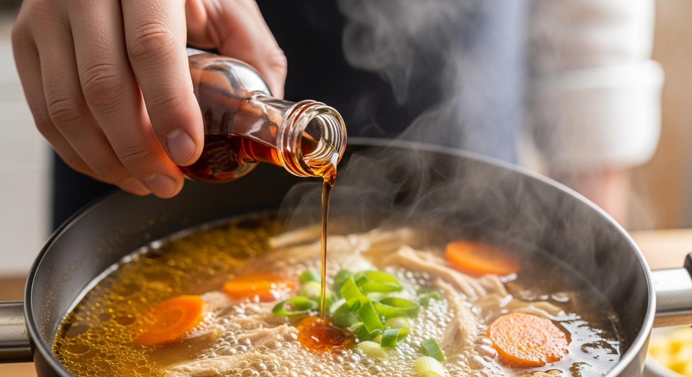 끓고 있는 닭곰탕에 멸치액젓을 조심스럽게 넣는 손의 모습. 핵심 재료인 액젓을 첨가하는 중요한 순간을 보여준다.