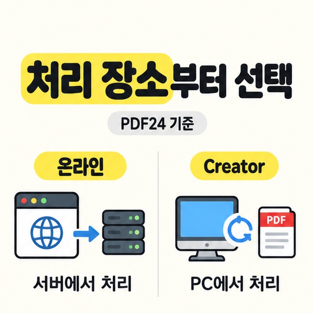 PDF24 온라인은 서버에서 처리하고 Creator는 PC에서 처리하는 차이를 나란히 보여 주는 비교 도식
