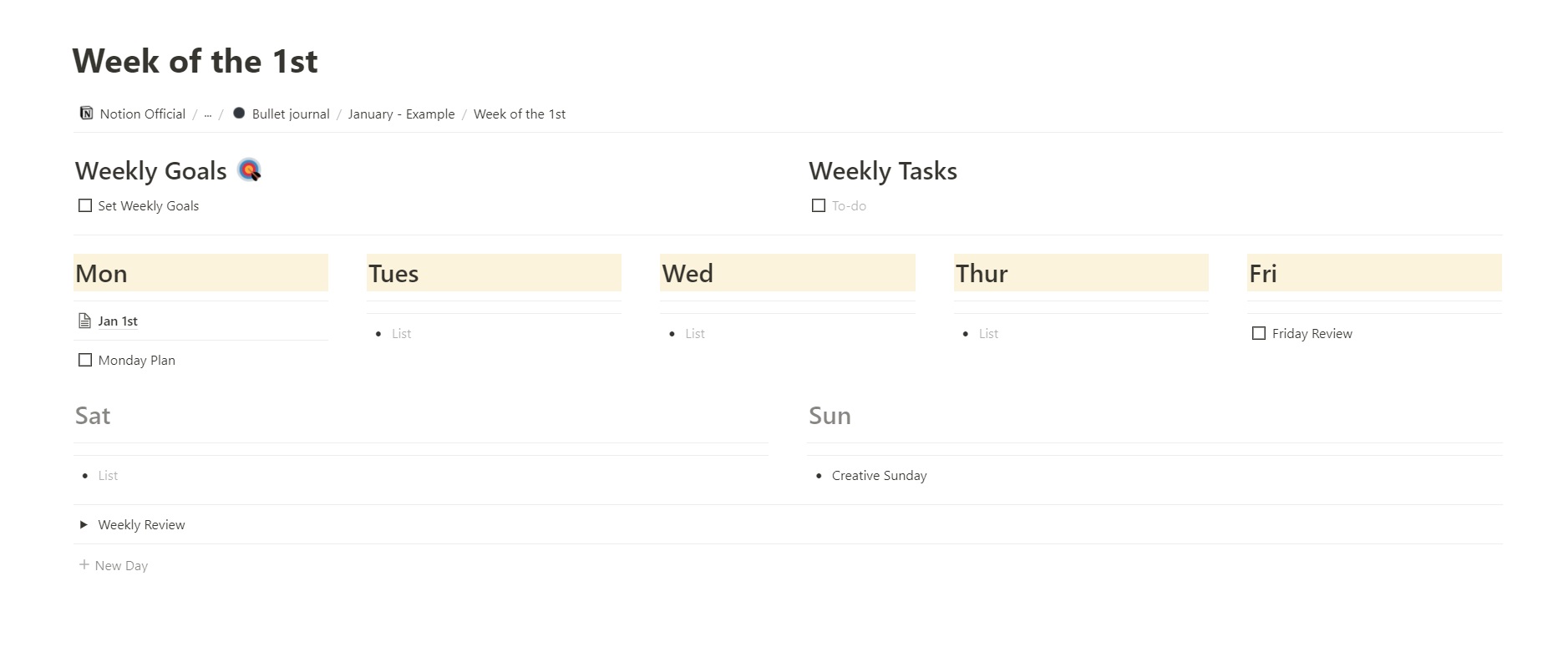 Wesvance's Bullet Journal Template의 많은 페이지 중 Weekly 페이지