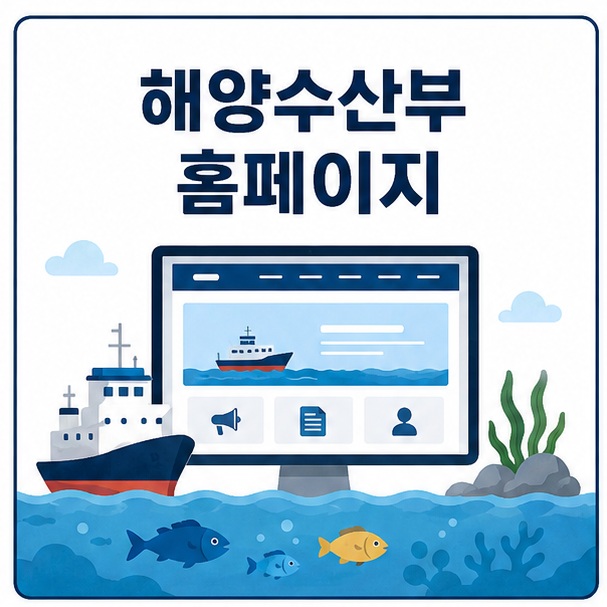 바다와 배, 물고기, 정부기관 홈페이지 화면을 함께 배치해 해양수산부 홈페이지를 설명하는 대표 이미지