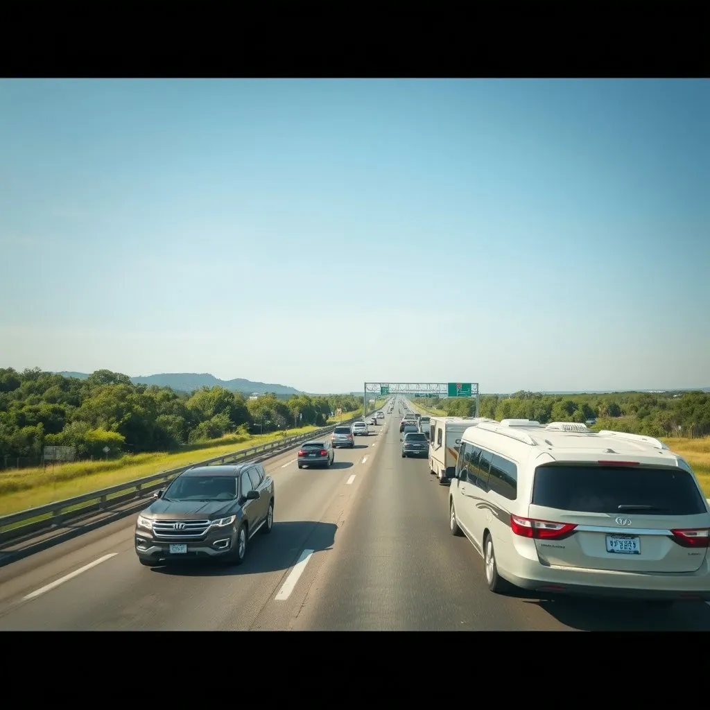 드론으로 촬영한 듯 넓고 시원하게 뻗은 고속도로 위로 승용차, RV 차량 등 여러 종류의 차들이 조화롭게 달리는 풍경을 담아 시원하고 역동적인 느낌을 줍니다.