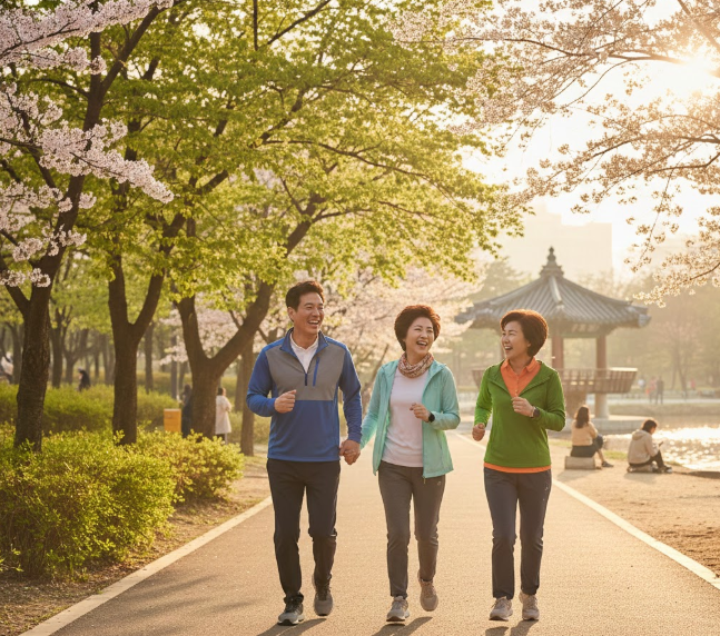 공원에서 슬로우 러닝을 하면서 대화하는 중년들