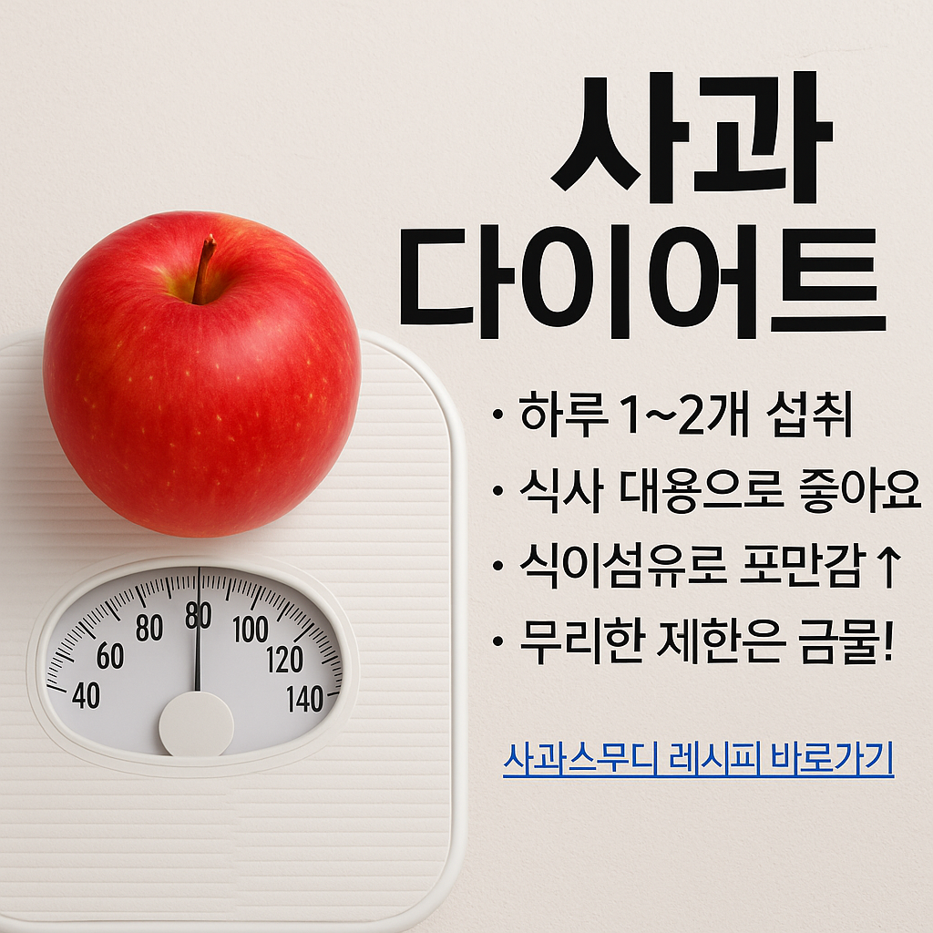 사과 다이어트에 대한 간단한 문구내용과 저울위에 사과가 올려져 있는 이미지