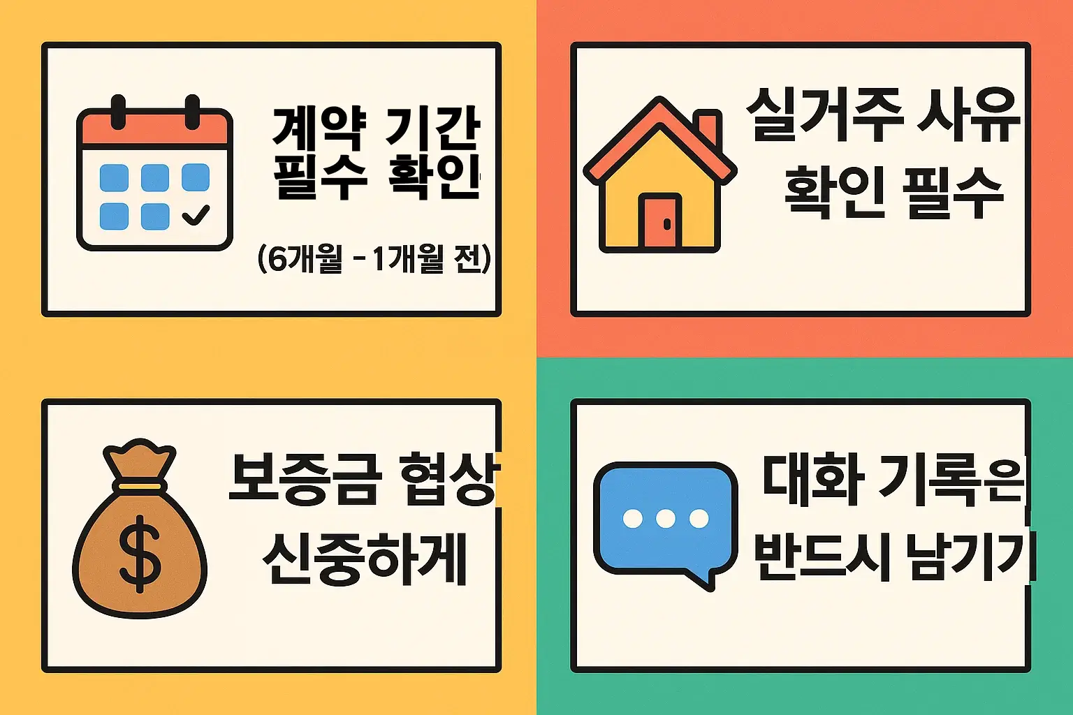 전세 계약 갱신 청구권 행사 전후에 반드시 확인해야 할 실전 팁과 주의사항(계약 기간, 실거주 사유, 보증금 협상, 대화 기록 등)을 정리한 인포그래픽.