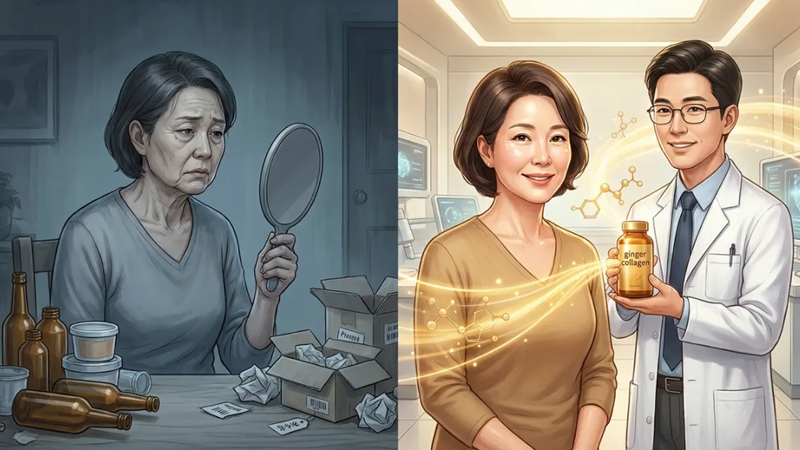 주름진 얼굴을 거울로 보며 실망하던 50대 여성이, 약사의 조언으로 효과적인 콜라겐을 선택한 후 탱탱한 피부를 되찾은 모습. 콜라겐 선택법.