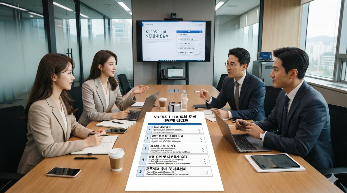 K-IFRS 1118 도입 준비 5단계 점검표를 함께 검토하는 재무팀 회의