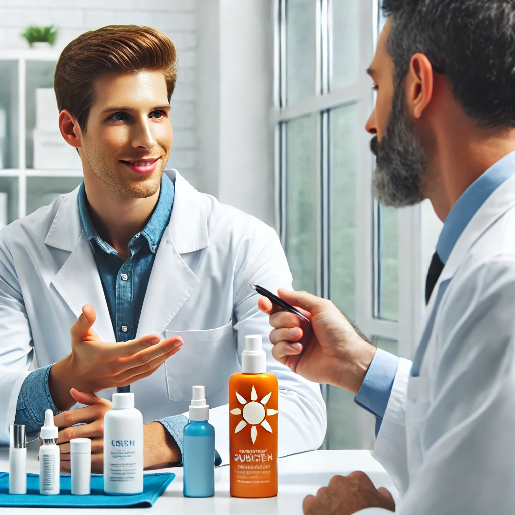 피부과에서 레이저 시술 후 관리 방법을 설명하는 의사, 자외선 차단제와 스킨케어 제품 사용을 강조하는 장면