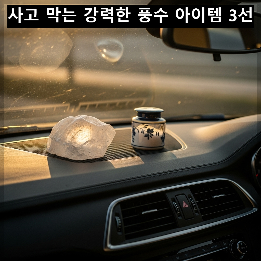 고급스러운 자동차 실내 대시보드 위에 영롱하게 빛나는 천연 백수정과 세련된 작은 소금 단지가 놓여 있으며, 창밖으로 황금빛 낙조가 비치는 평온하고 안전한 분위기의 자동차 화보 이미지