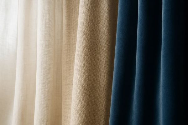 린넨, 면, 벨벳 등 다양한 커튼 소재의 질감과 드레이프를 보여줌