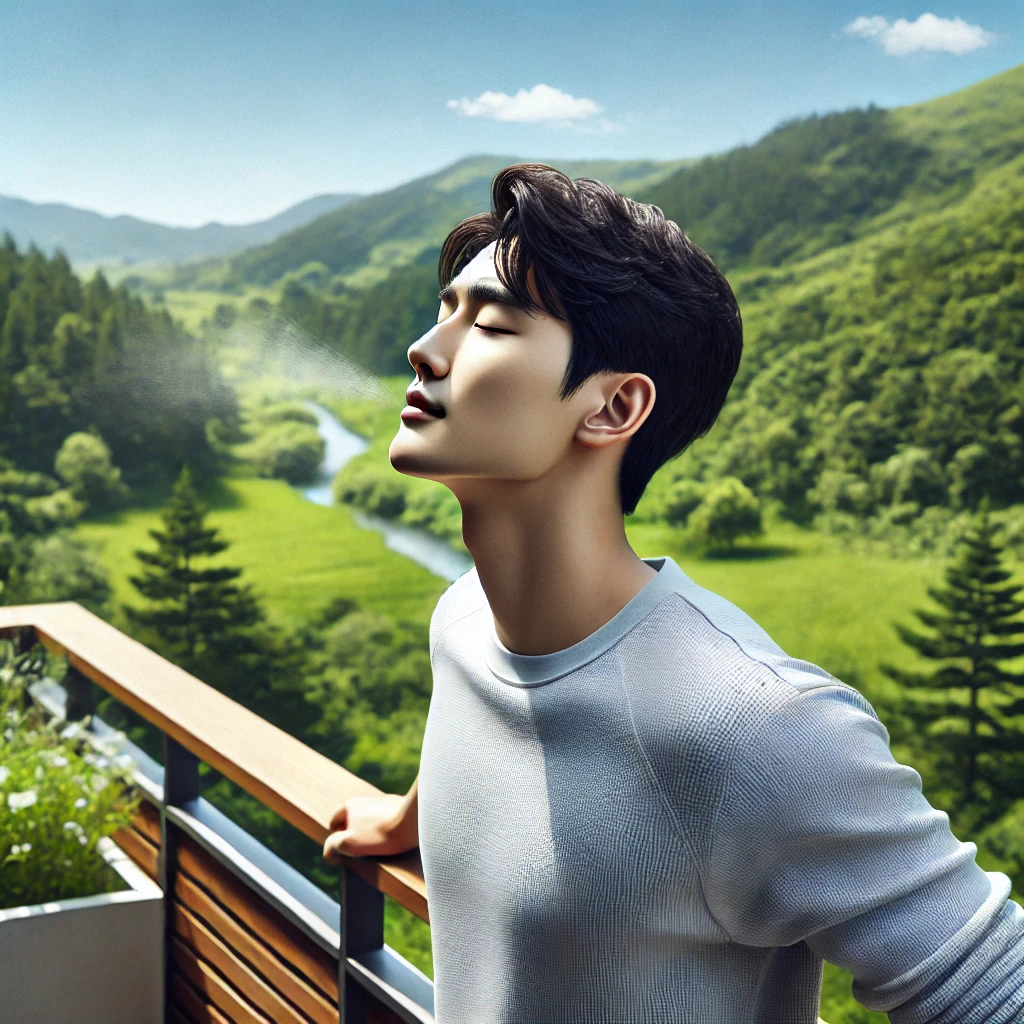 남성이 발코니에서 초록빛 풍경을 바라보며 깊은 심호흡을 하고 있는 장면. 그는 눈을 감고 편안한 옷을 입은 채 신선한 공기를 즐기고 있으며, 배경은 맑은 하늘과 무성한 초목으로 채워져 있습니다