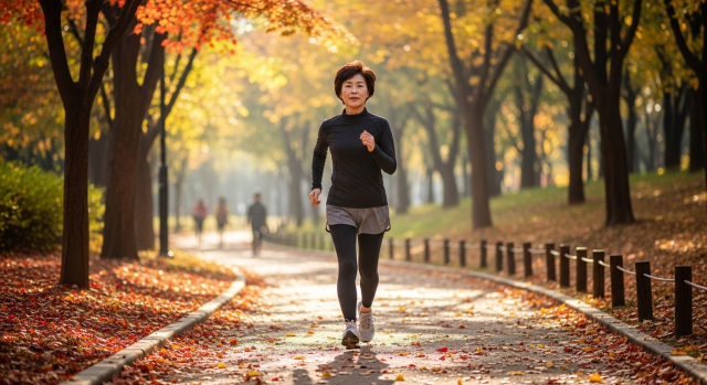 공원에서 걷기 운동하는 장년 여성