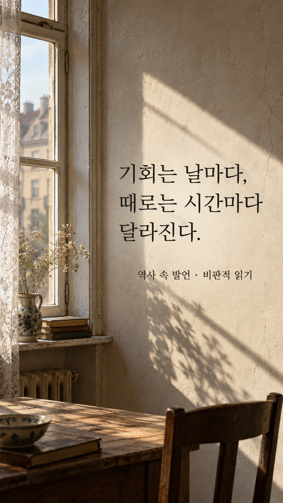 오래된 창가에 이동하는 오후 그림자 — 기회는 날마다, 때로는 시간마다 달라진다.