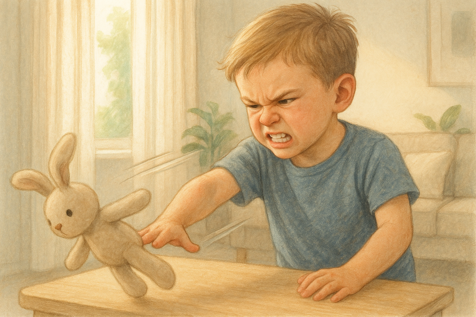 토끼 인형을 던지는 아이