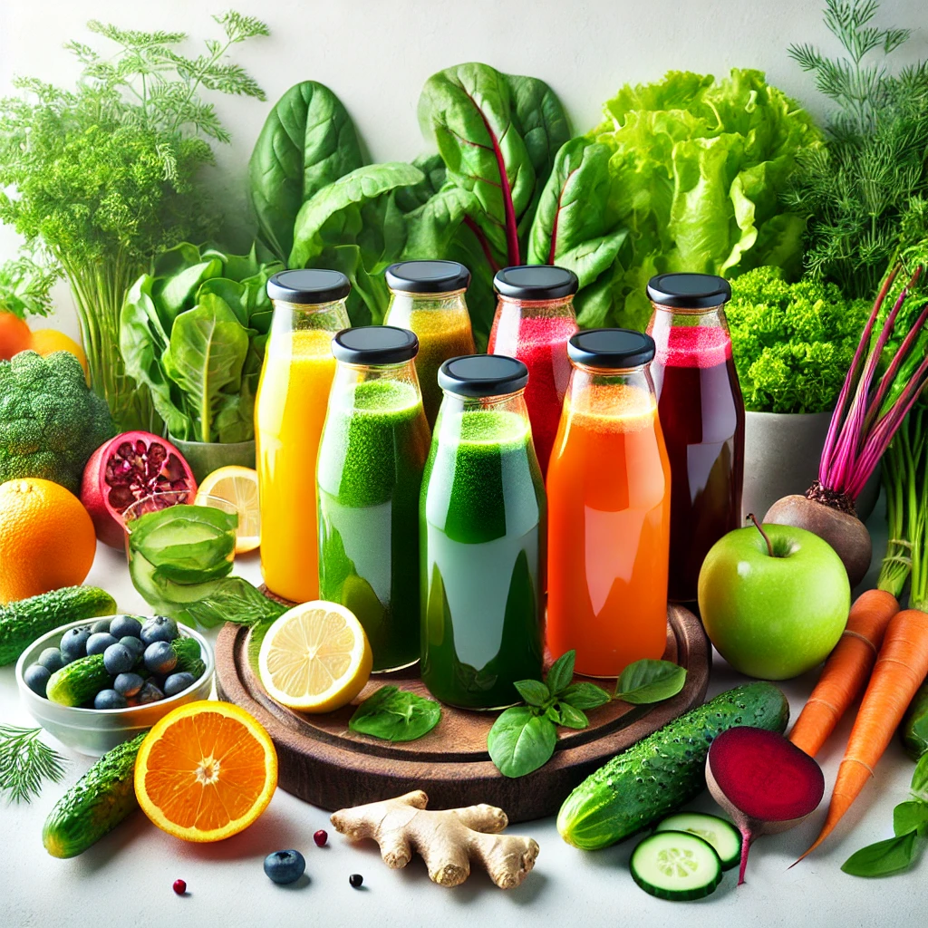 신선한 과일과 채소로 만든 해독 주스 이미지