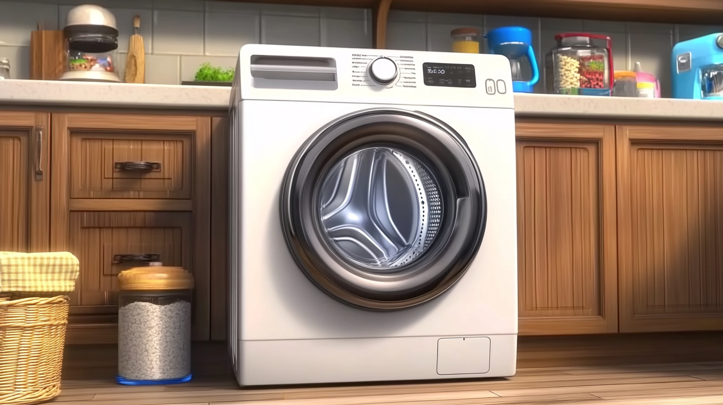 현대적인 주방 환경에서 세련된 LED 디스플레이와 현대적 디자인을 자랑하는 삼성 WF2420HCWWC 세탁기의 이미지