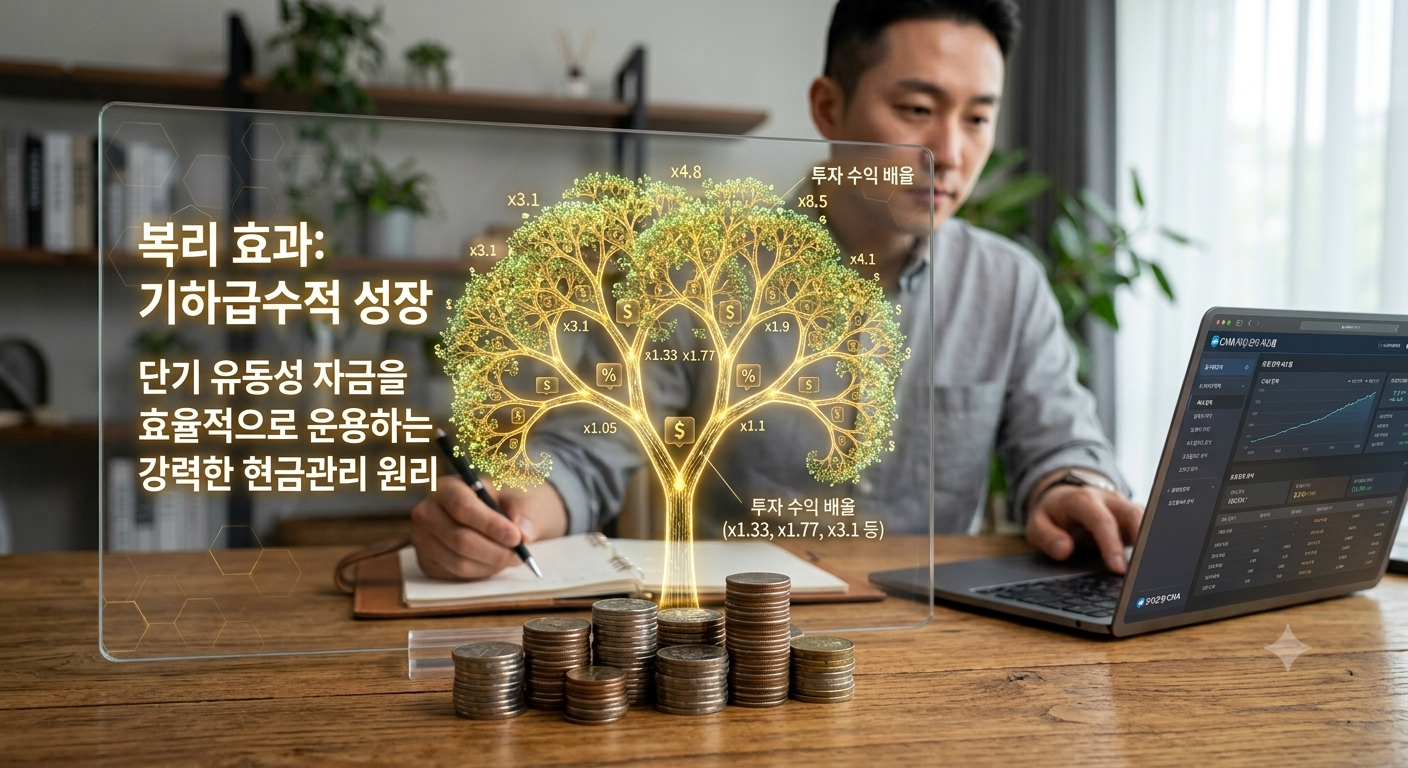 나무 테이블 위에 쌓인 동전 탑들을 기반으로, 투명한 가상 스크린 화면에 빛나는 황금빛 나뭇가지들이 프랙탈(Fractal) 구조로 뻗어나가며 기하급수적으로 풍성해지는 '복리 나무'가 시각화되어 있는 모습. 나뭇가지 곳곳에는 달러 기호($)와 퍼센트 기호(%), 그리고 시간이 흐름에 따라 이자에 이자가 붙어 자산이 증식하는 배율(x1.33, x1.77, x3.1 등)이 정밀하게 표시되어 있습니다. 왼쪽에는 '복리 효과: 기하급수적 성장'이라는 선명한 한글 문구가 떠 있으며, 배경에는 한 남성이 펜을 들고 공책에 기록하며 노트북으로 CMA(종합자산관리계좌)의 일복리 구조와 자산 관리 시스템을 점검하는 모습이 배치되어 있어 단기 유동성 자금을 효율적으로 운용하는 강력한 현금관리 원리를 직관적이고 완성도 높게 표현한 그래픽 이미지