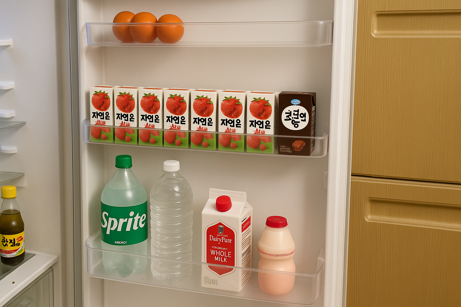 캐리어 냉장고 도어 수납공간에 정갈히 정리된 음료와 과일
