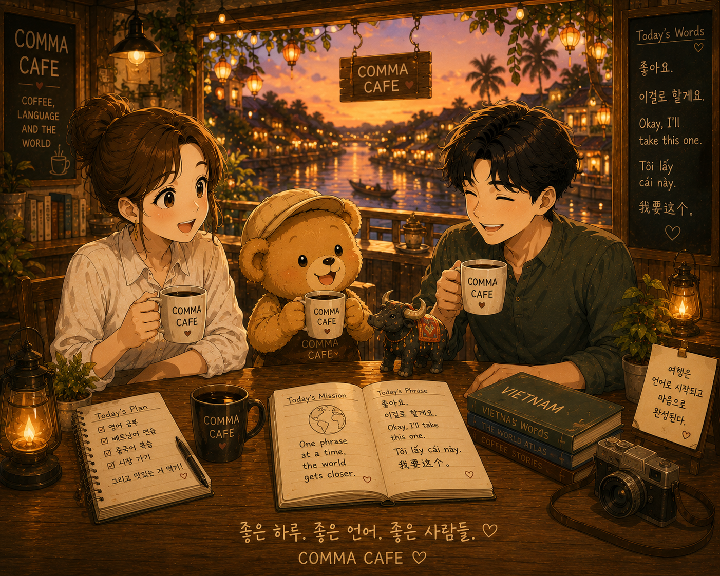 노을이 비치는 COMMA CAFE 창가에서 쉼표와 푸름, 은돌이가 작은 기념품과 커피를 사이에 두고 하루를 마무리하는 따뜻한 장면