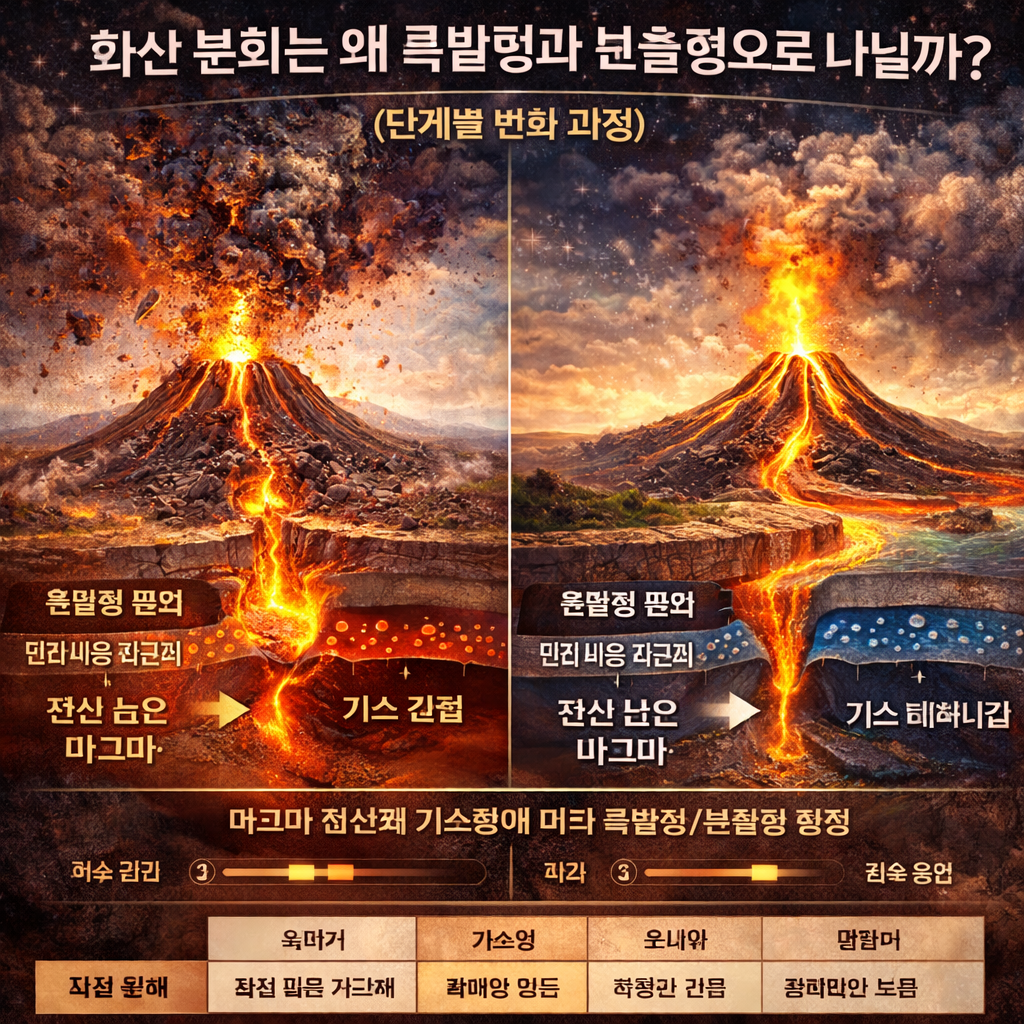 화산 분화는 왜 폭발형과 분출형으로 나뉠까 (마그마 점성 하나로 끝내는 핵심 원리)