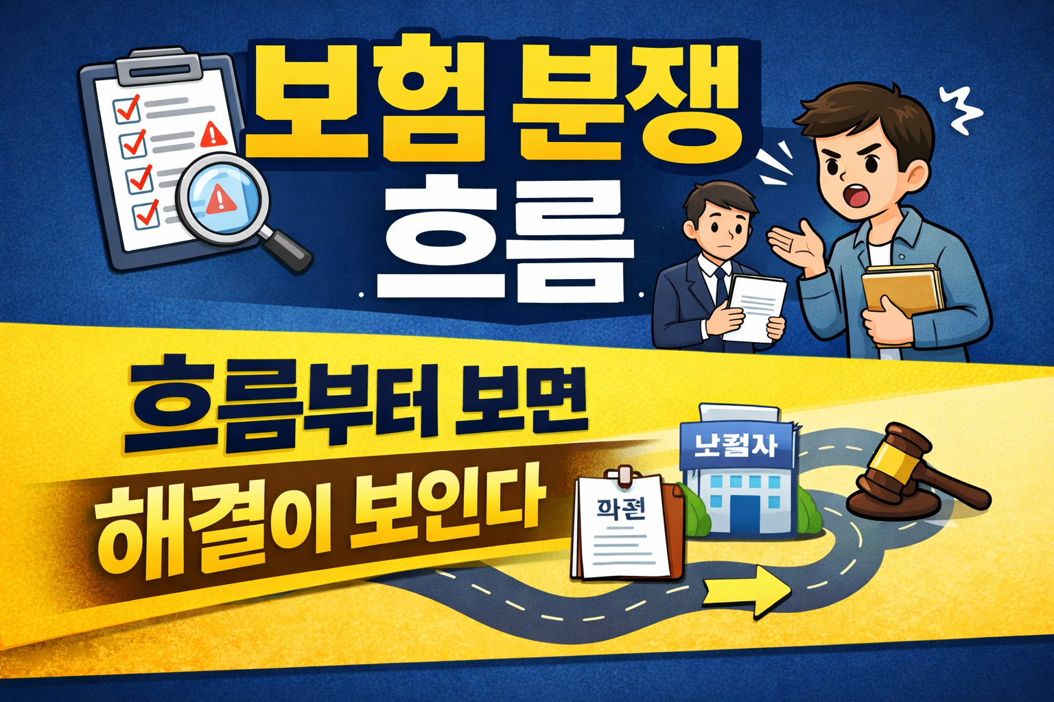 보험 분쟁 해결의 흐름 글자가 도로를 따라 흘러가는 이마자