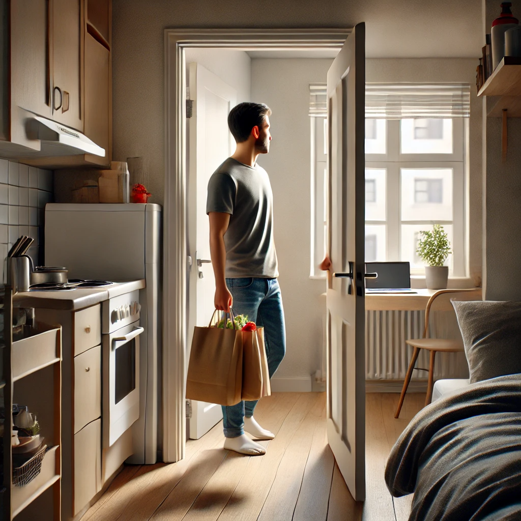 작은 원룸에서 월세를 논의하는 20대 청년 커플의 현실적인 모습