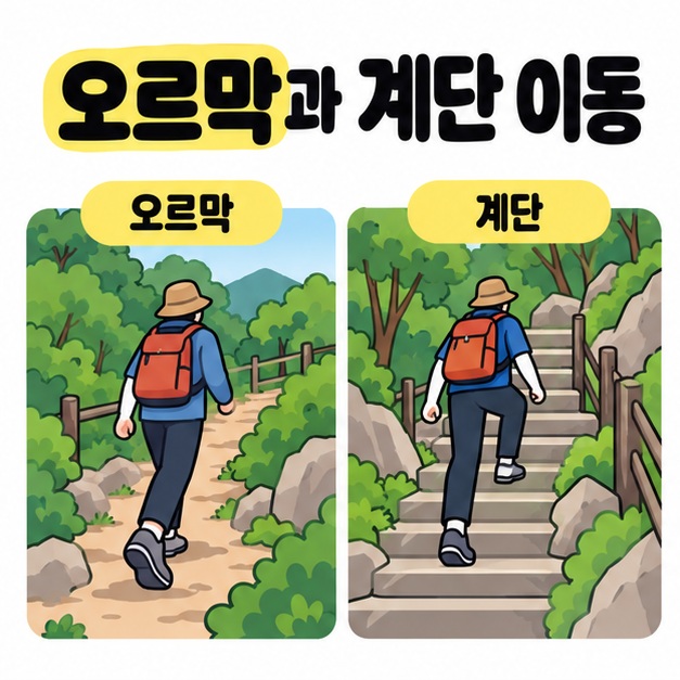 배낭을 멘 방문객이 숲길의 오르막을 걷고 난간이 있는 계단을 천천히 오르는 모습을 비교한 그림