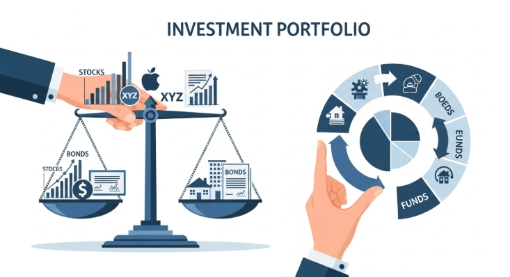 주식, 채권, 펀드 등 다양한 자산이 균형 있게 배분된 투자 포트폴리오를 보여주는 그림입니다.
