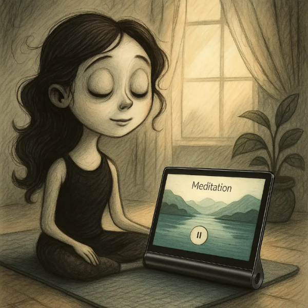 요가 탭 플러스 AI 화면에 평온한 자연 풍경이나 명상 앱 UI가 떠 있고, 사용자가 편안한 표정으로 눈을 감고 있는 모습