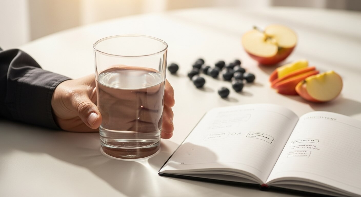 물을 마시며 건강한 생활 습관을 실천하는 현대인의 모습.