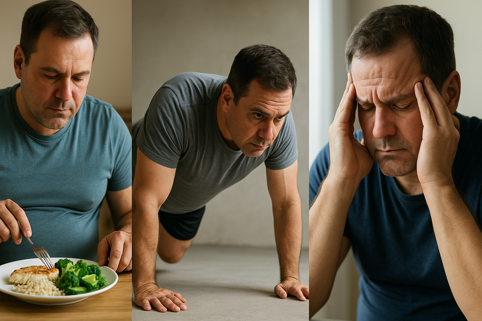 정체기를 겪는 40대 남성이 식단 조절, 운동 실천, 멘탈 관리로 다이어트를 극복하는 모습을 담은 이미지
