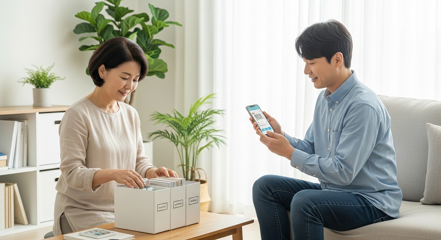 스마트 미니멀 라이프를 꾸준히 유지하기 위해 함께 집을 정리하고 스마트 기기를 확인하는 중년 부부의 모습.