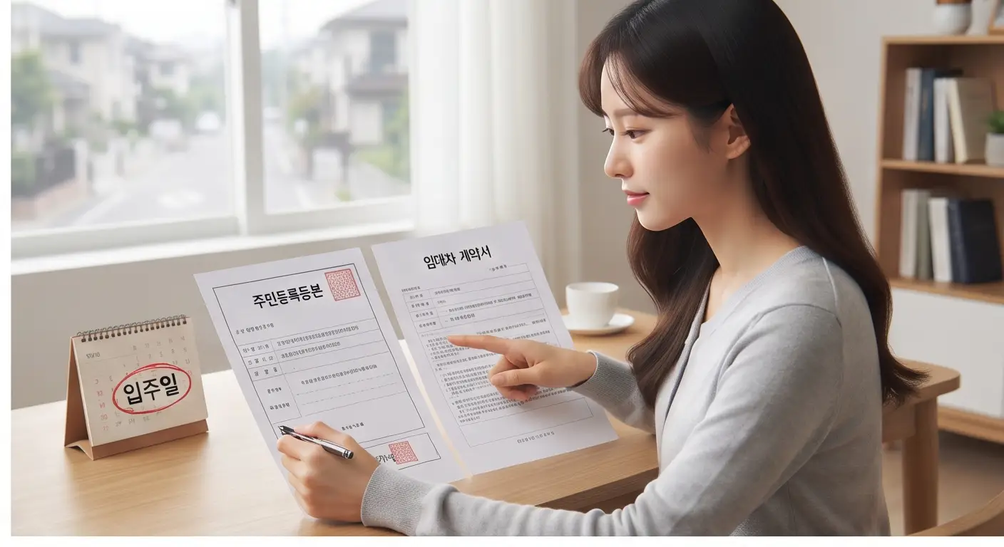 입주일이 표시된 달력 옆에서 주민등록등본과 임대차 계약서 서류를 꼼꼼하게 검토하는 여성