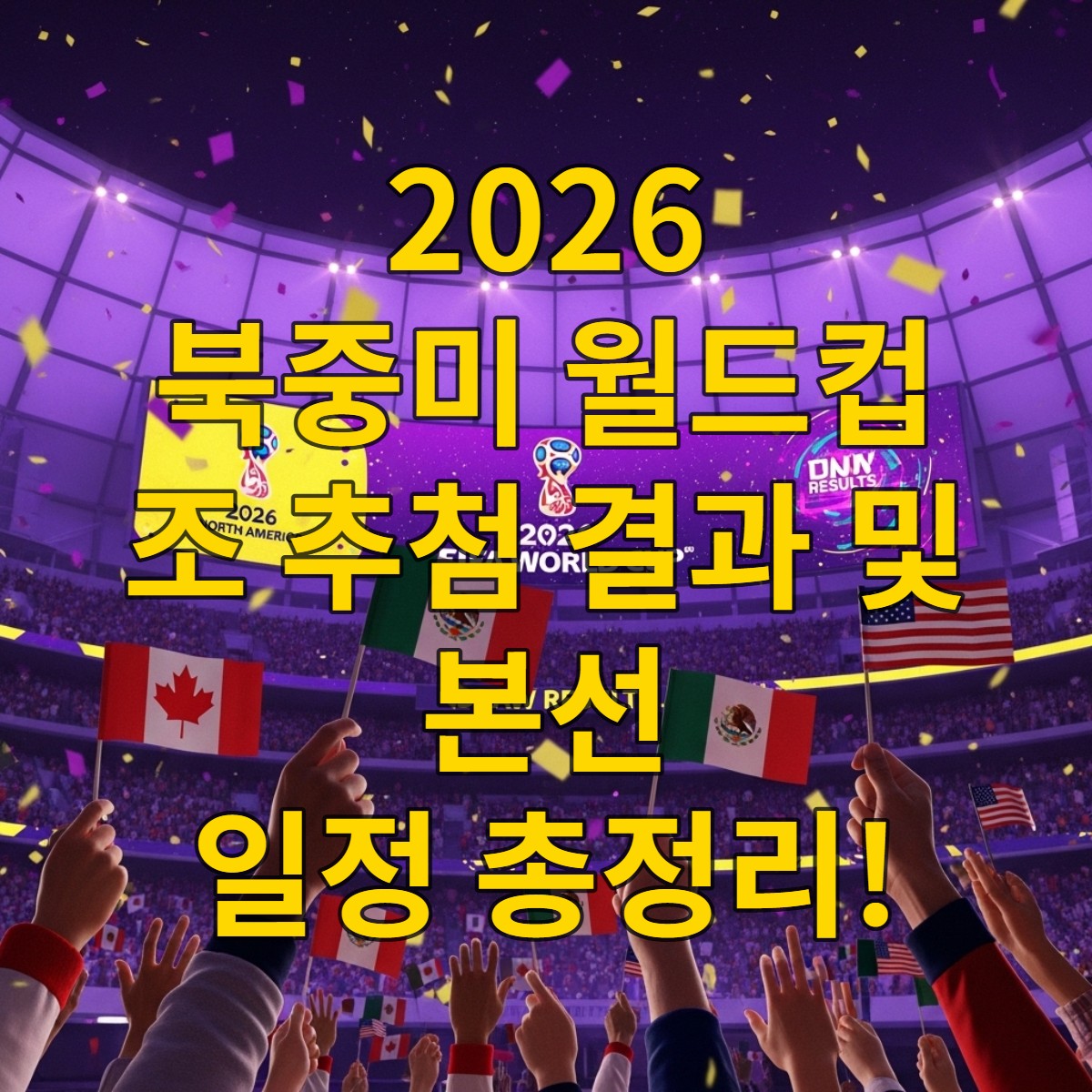 2026 북중미 월드컵 조 추첨 결과 발표 현장의 역동적인 모습. 다양한 국적의 사람들이 환호하며 국기를 흔들고, 보랏빛 조명이 비치는 경기장 스크린에 조 추첨 결과가 표시되어 있다.
