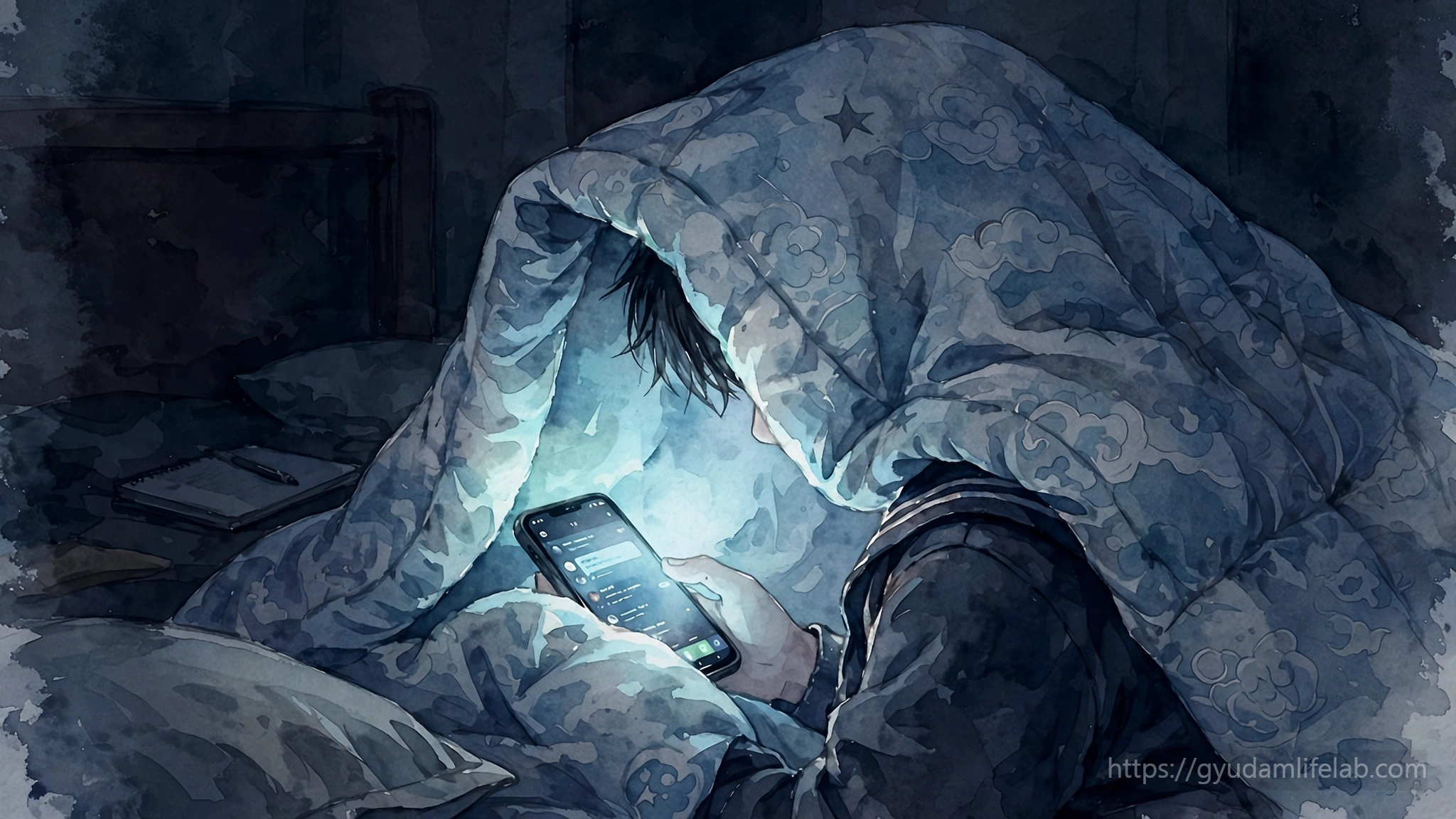 어두운 방에서 스마트폰을 보는 아이 뒷모습