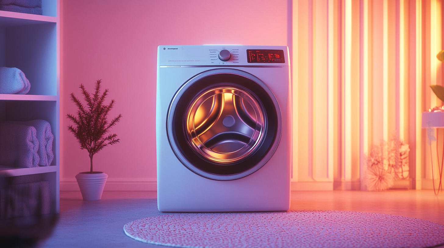 최첨단 디자인의 세탁기로 효율적인 청소 기능과 부드러운 조명이 특징인 현대적인 주거 공간의 모습.