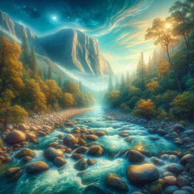 푸르고 맑은 물이 흐르는 강과 자연이 어우러진 풍경입니다.