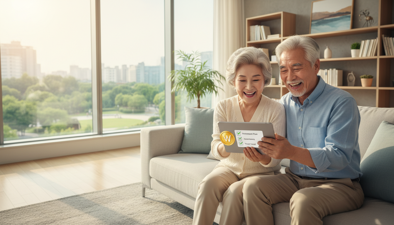 2026년 기초연금 수급 자격을 확인하며 기뻐하는 한국인 어르신 부부의 모습