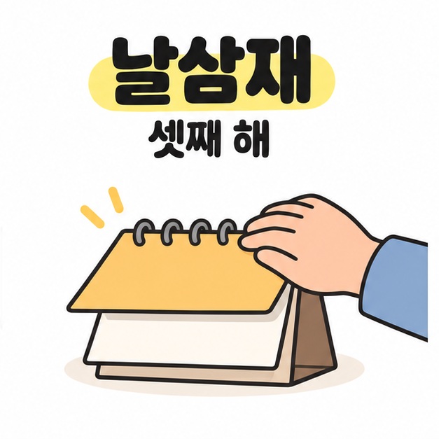 날삼재가 셋째 해라는 문구와 마지막 달력을 덮는 손 일러스트