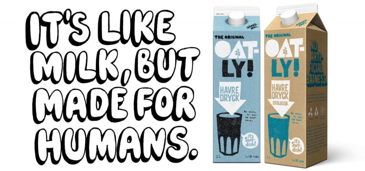 오틀리(Oatly)는 패키지에 손 글씨 스타일의 유머러스한 문구를 넣어 환경과 건강처럼 무거운 문제를 유쾌하게 전달하고 있다.