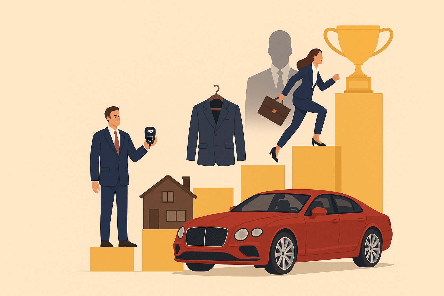 벤틀리와 집, 수트, 트로피 사이에서 성공을 향해 올라가는 남녀 비즈니스 인물들