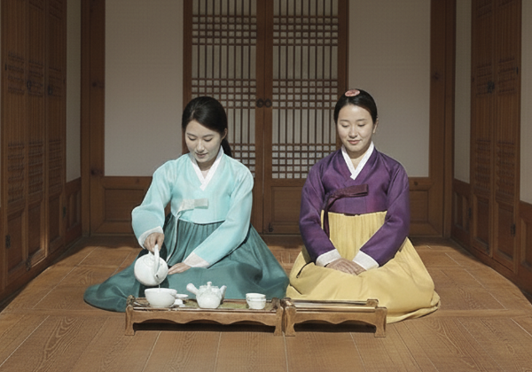 한옥집 안에서 차를 내리는 두 사람. 두 사람 모두 한복을 입고 있다.