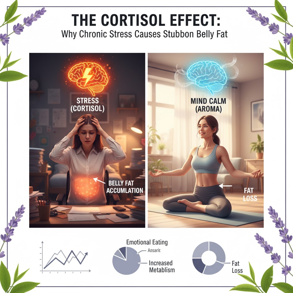 만성 스트레스 호르몬인 코르티솔이 복부 지방 축적과 식욕 증가를 유발하는 메커니즘을 보여주는 인포그래픽. 스트레스 상황과 명상으로 심신 안정을 찾았을 때의 체지방 변화를 비교