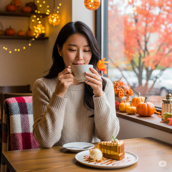 가을 분위기가 물씬 나는 아늑한 카페에서 커피와 디저트를 즐기는 한국 여성