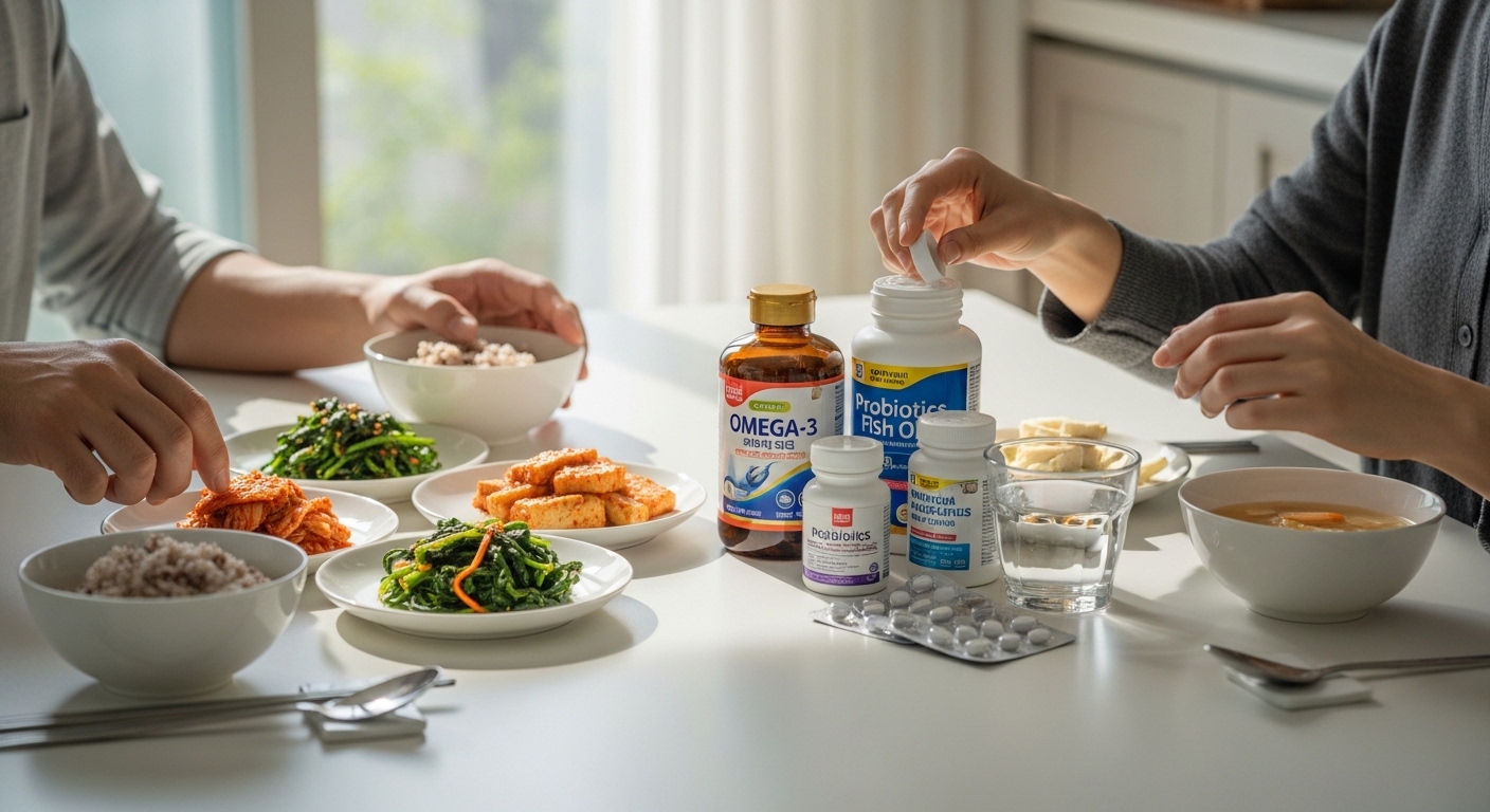 헬스-라이프스타일-샐러드-곡물-건강식-접시-옆-건강보조제-용기가-있는-장면